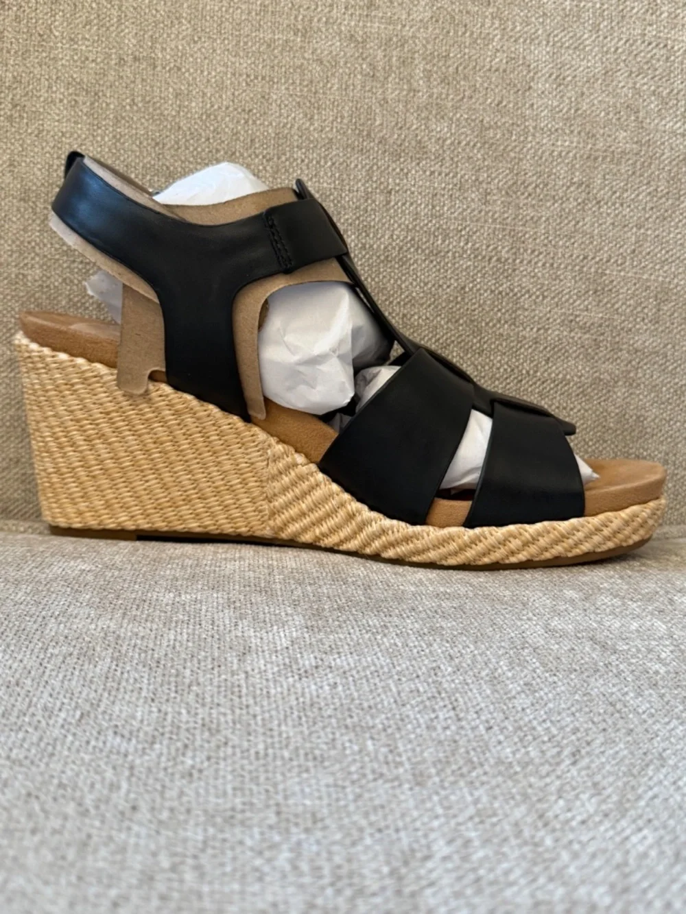 NWT Rockport Belle Sandal Wedge Heel Leather Black Adjustable Strap Woven Sz 9